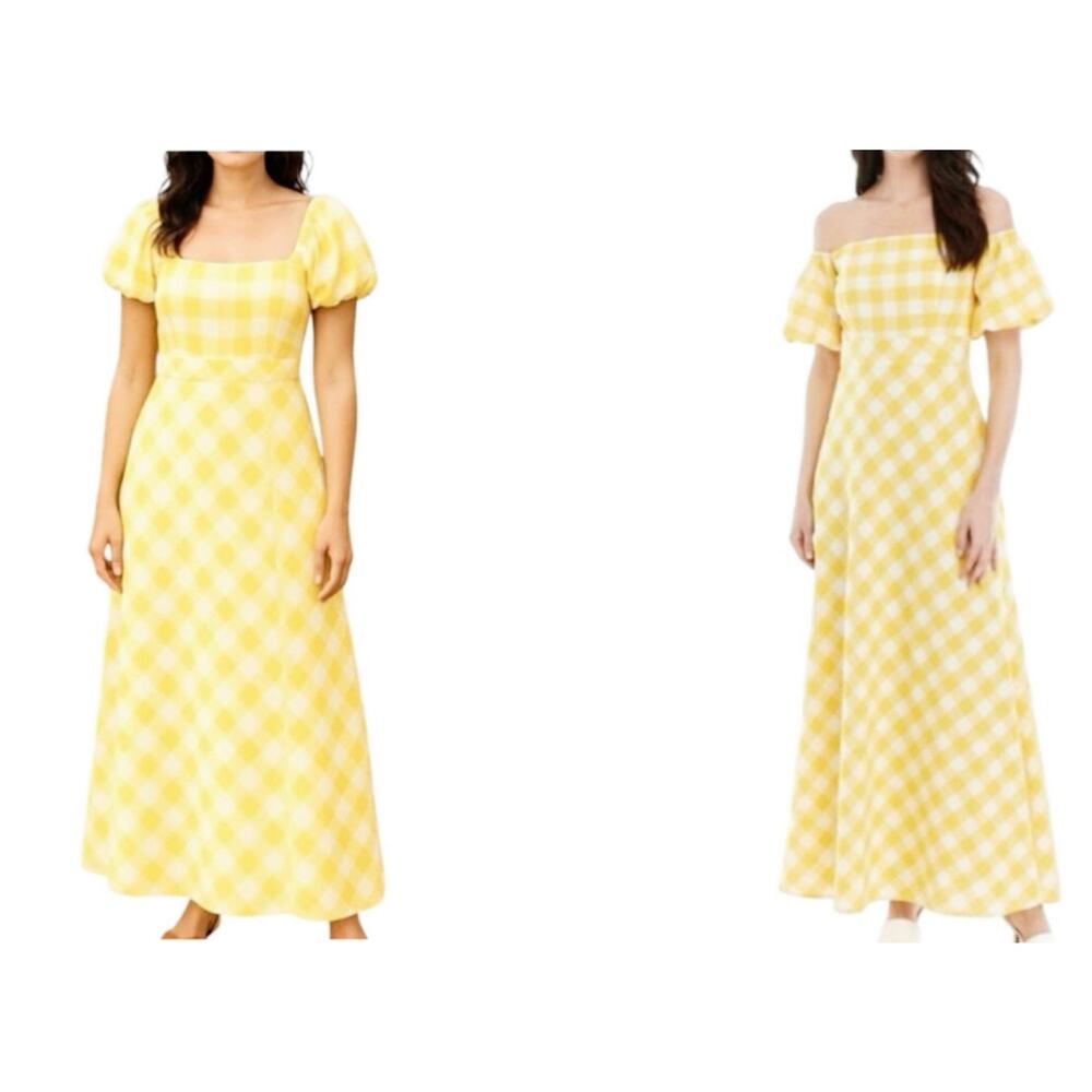 CROWN & IVY Yellow Gingham Plaid Puff Sleeve Maxi Dress Cottage - Sz 14 - NWT